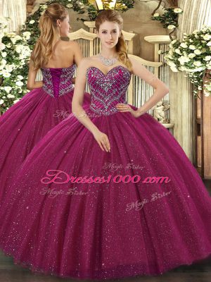 Fuchsia Tulle Lace Up Quince Ball Gowns Sleeveless Floor Length Beading