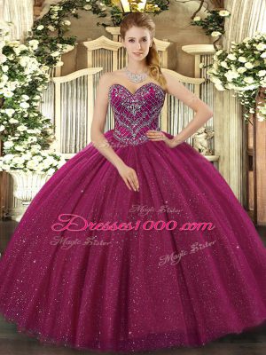 Fuchsia Tulle Lace Up Quince Ball Gowns Sleeveless Floor Length Beading