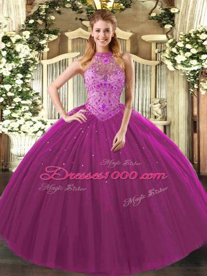 Custom Design Fuchsia Tulle Lace Up Halter Top Sleeveless Floor Length Ball Gown Prom Dress Beading and Embroidery