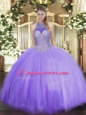 Lavender Ball Gowns Halter Top Sleeveless Tulle Floor Length Lace Up Beading Vestidos de Quinceanera