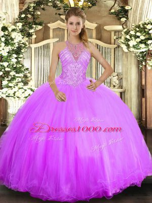 Sleeveless Tulle Floor Length Lace Up Quinceanera Dress in Lilac with Beading