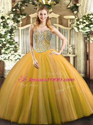 Custom Fit Gold Lace Up Sweetheart Beading Quince Ball Gowns Tulle Sleeveless