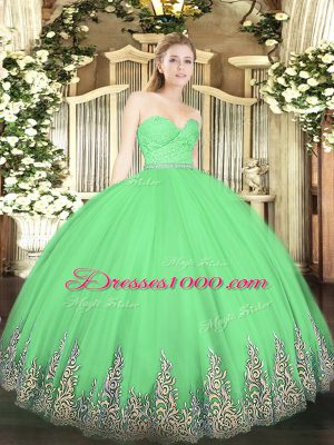 Latest Green Quince Ball Gowns Military Ball and Sweet 16 and Quinceanera with Beading and Lace and Appliques Sweetheart Sleeveless Zipper