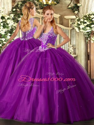 Beautiful Straps Sleeveless Lace Up Sweet 16 Dress Purple Tulle