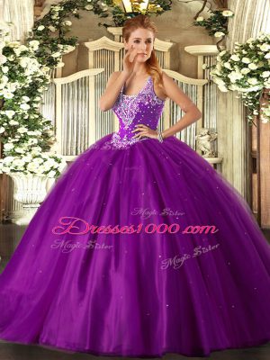 Beautiful Straps Sleeveless Lace Up Sweet 16 Dress Purple Tulle