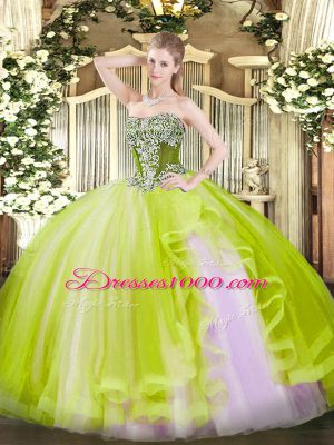 Sumptuous Tulle Strapless Sleeveless Lace Up Beading and Ruffles Ball Gown Prom Dress in Yellow Green
