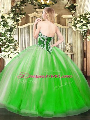 Sumptuous Tulle Strapless Sleeveless Lace Up Beading and Ruffles Ball Gown Prom Dress in Yellow Green