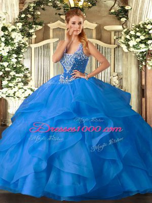 Baby Blue Sweet 16 Quinceanera Dress Military Ball and Sweet 16 and Quinceanera with Beading and Ruffles Straps Sleeveless Lace Up