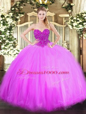 High End Lilac Sleeveless Tulle Lace Up Quinceanera Gown for Military Ball and Sweet 16 and Quinceanera