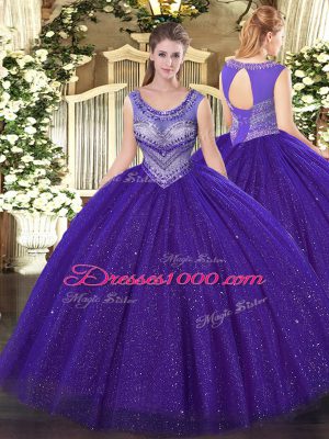 Beading Sweet 16 Dress Purple Lace Up Sleeveless Floor Length