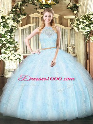 Light Blue Zipper Scoop Lace and Ruffles Quinceanera Dresses Tulle Sleeveless