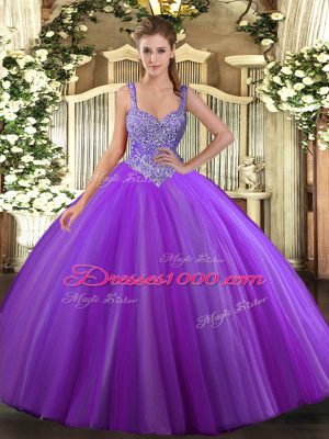 Latest Tulle V-neck Sleeveless Lace Up Beading Sweet 16 Dress in Purple