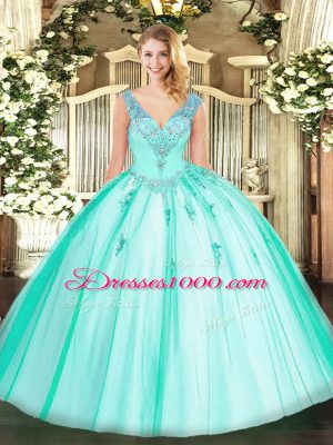 Custom Designed Turquoise Organza and Tulle Lace Up V-neck Sleeveless Floor Length Sweet 16 Quinceanera Dress Beading