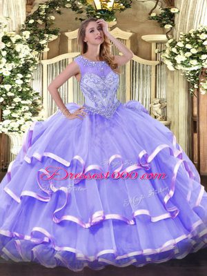 Lavender 15th Birthday Dress Sweet 16 and Quinceanera with Beading and Ruffled Layers Scoop Sleeveless Zipper
