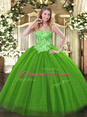 Custom Fit Sleeveless Floor Length Appliques Lace Up Quinceanera Gowns with Green