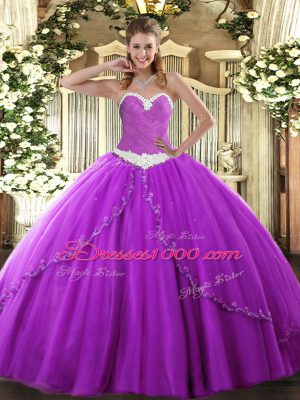 Purple Quinceanera Gowns Military Ball and Sweet 16 and Quinceanera with Appliques Sweetheart Sleeveless Brush Train Lace Up