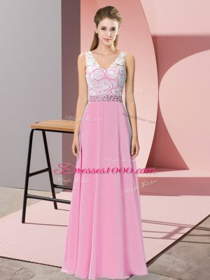 Enchanting Rose Pink Sleeveless Beading Floor Length Casual Dresses