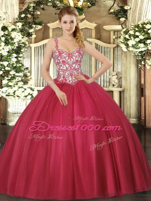 New Style Coral Red Ball Gowns Beading and Appliques Quinceanera Dresses Lace Up Tulle Sleeveless Floor Length