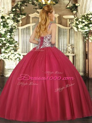 New Style Coral Red Ball Gowns Beading and Appliques Quinceanera Dresses Lace Up Tulle Sleeveless Floor Length