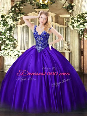 Pretty V-neck Sleeveless Quince Ball Gowns Floor Length Beading Purple Satin