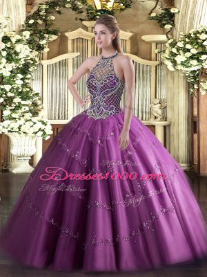 Best Selling Lilac Lace Up Quinceanera Gowns Beading Sleeveless Floor Length