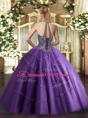 Best Selling Lilac Lace Up Quinceanera Gowns Beading Sleeveless Floor Length
