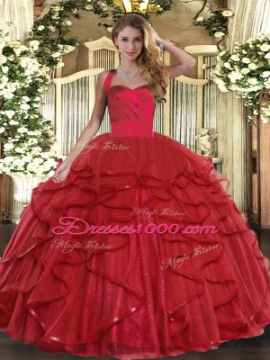 Wine Red Lace Up 15th Birthday Dress Ruffles Sleeveless Floor Length