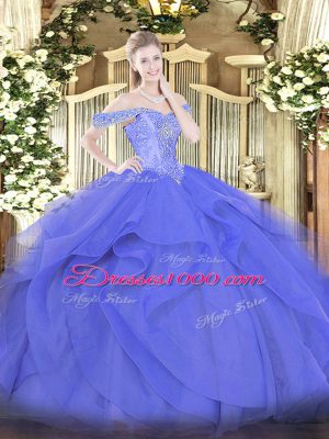 Trendy Blue Lace Up Off The Shoulder Beading and Ruffles 15th Birthday Dress Tulle Sleeveless