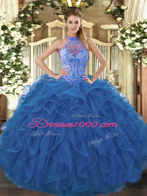 Fashion Organza Halter Top Sleeveless Lace Up Beading and Embroidery and Ruffles 15 Quinceanera Dress in Blue