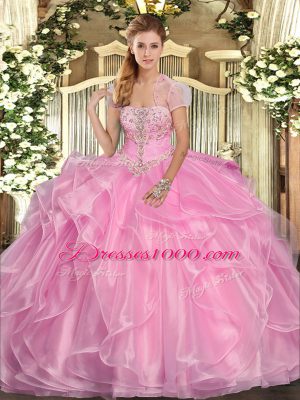 Captivating Rose Pink Ball Gowns Organza Strapless Sleeveless Appliques and Ruffles Floor Length Lace Up Sweet 16 Dress