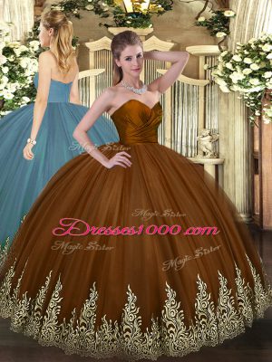 Captivating Brown Ball Gowns Tulle Sweetheart Sleeveless Appliques Floor Length Zipper Vestidos de Quinceanera