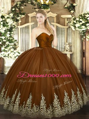 Captivating Brown Ball Gowns Tulle Sweetheart Sleeveless Appliques Floor Length Zipper Vestidos de Quinceanera