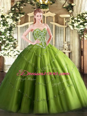 Floor Length Lace Up 15th Birthday Dress Olive Green for Military Ball and Sweet 16 and Quinceanera with Beading and Appliques