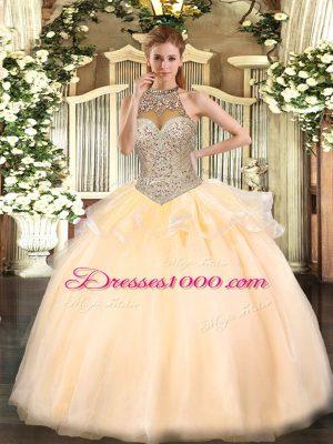 Vintage Peach Lace Up Sweet 16 Dress Beading Sleeveless Floor Length