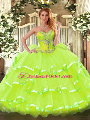 Sweetheart Sleeveless Ball Gown Prom Dress Floor Length Beading and Ruffled Layers Yellow Green Organza