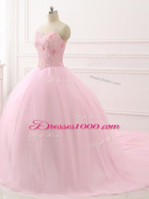 Sweetheart Sleeveless Vestidos de Quinceanera Brush Train Beading Baby Pink Tulle