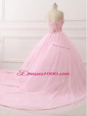 Sweetheart Sleeveless Vestidos de Quinceanera Brush Train Beading Baby Pink Tulle