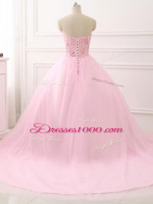 Sweetheart Sleeveless Vestidos de Quinceanera Brush Train Beading Baby Pink Tulle