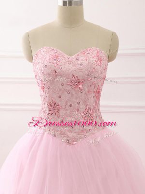 Sweetheart Sleeveless Vestidos de Quinceanera Brush Train Beading Baby Pink Tulle