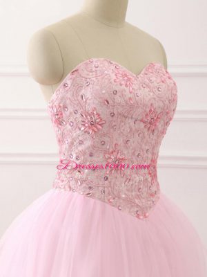 Sweetheart Sleeveless Vestidos de Quinceanera Brush Train Beading Baby Pink Tulle