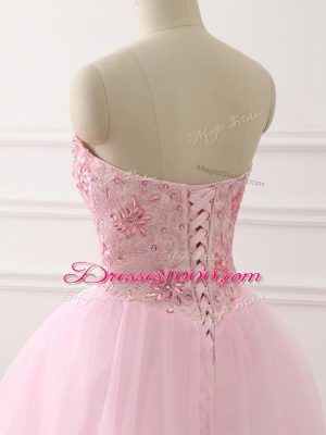 Sweetheart Sleeveless Vestidos de Quinceanera Brush Train Beading Baby Pink Tulle