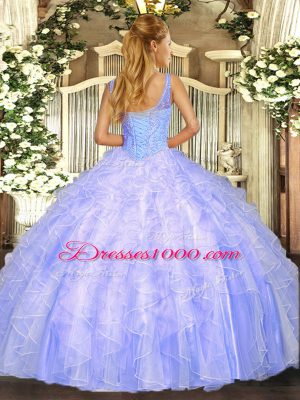 V-neck Sleeveless Quinceanera Dresses Floor Length Beading and Ruffles Lavender Tulle