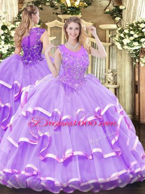 Fashion Lavender Scoop Neckline Beading and Ruffled Layers Quinceanera Gown Sleeveless Zipper