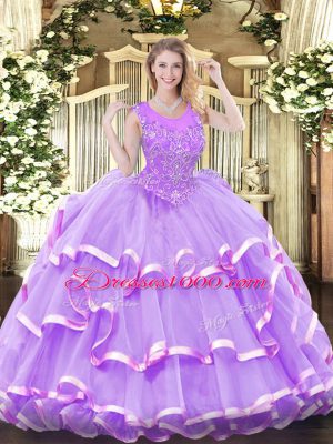 Fashion Lavender Scoop Neckline Beading and Ruffled Layers Quinceanera Gown Sleeveless Zipper