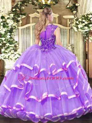 Fashion Lavender Scoop Neckline Beading and Ruffled Layers Quinceanera Gown Sleeveless Zipper