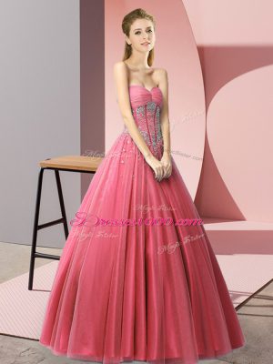 Popular Sweetheart Sleeveless Prom Party Dress Floor Length Beading Coral Red Tulle
