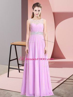 High End Floor Length Lilac Prom Gown Chiffon Sleeveless Beading