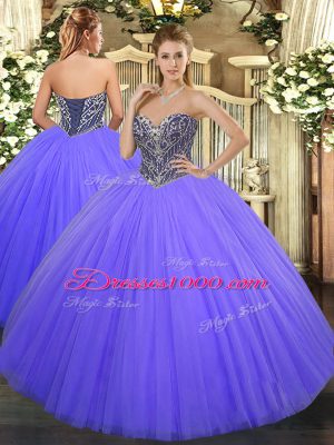 Romantic Lavender Ball Gowns Beading Quinceanera Dresses Lace Up Tulle Sleeveless Floor Length