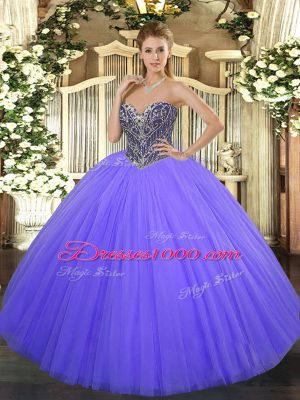 Romantic Lavender Ball Gowns Beading Quinceanera Dresses Lace Up Tulle Sleeveless Floor Length