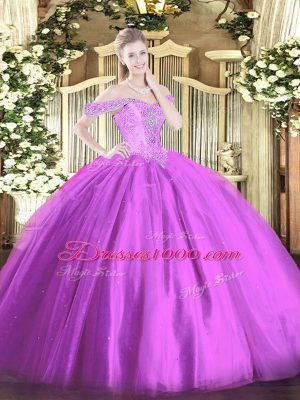 Extravagant Off The Shoulder Sleeveless Lace Up 15 Quinceanera Dress Lilac Tulle